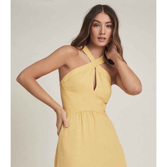 NWT Reiss Orla Mustard Yellow Criss Cross Halter Midi Dress US 2 - Picture 5 of 10